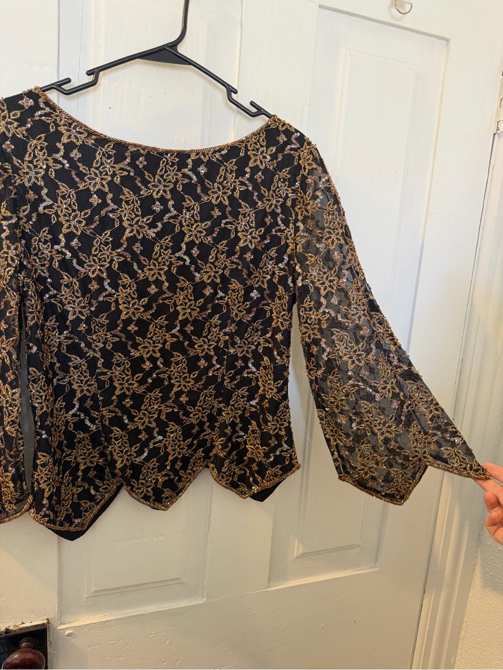 Vintage Sean Collection Black Lace Top with Gold Floral Embroidery and Beading